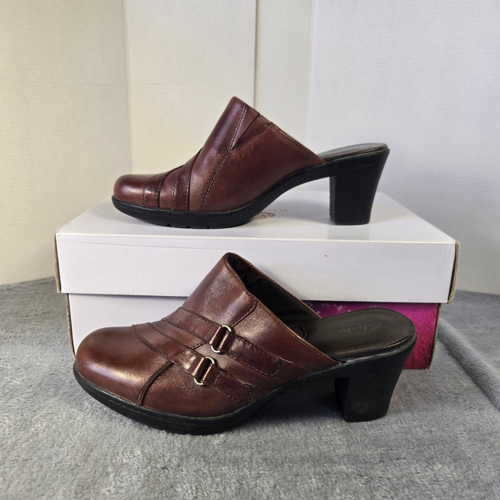 Clarks Bendables Brown Leather Mule Clogs Block Heel Pleated Slip On Shoes 7.5M